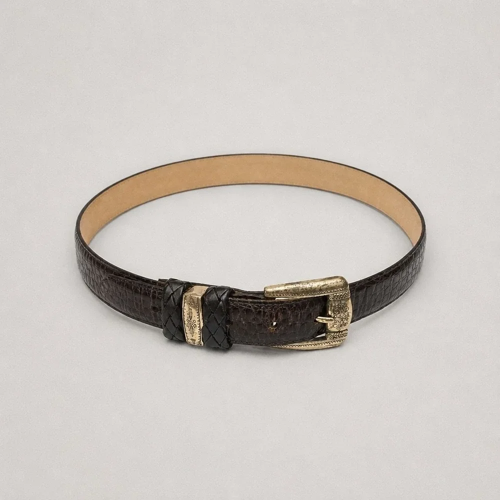Brighton Womens‎ Dark Brown Croc Embossed Leather Western Belt Silver Buckle Lrg